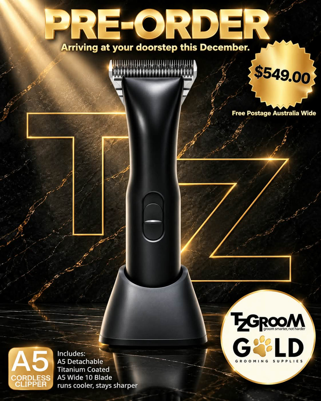 TZGROOM CUUUTS A5 Cordless Clipper on its charging stand, pre-order $549 with free postage Australia-wide